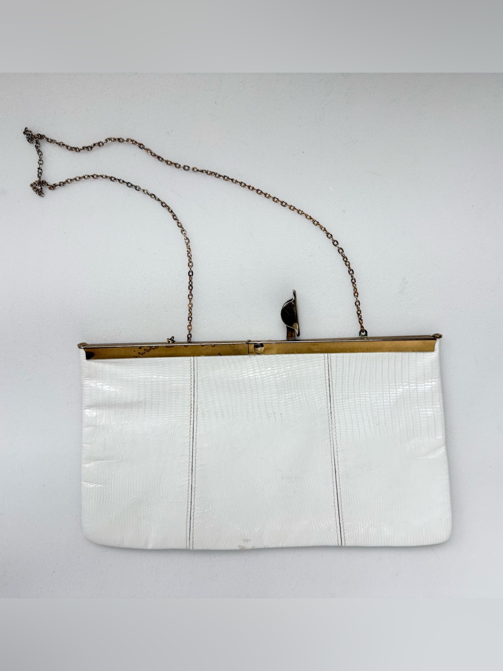 VTG 60's Etra Bone Cream Textured Genuine Leather Hinged Envelope Clutch Handbag
